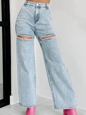 High-Rise Light Blue Jeans with Gems